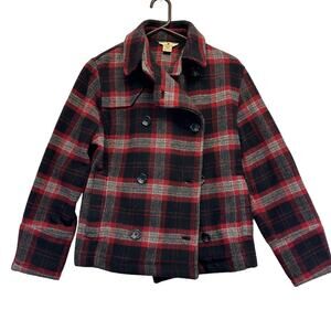 Woolrich Double Breasted Wool Pea Coat Red Black Plaid Pockets Women’s Size XS